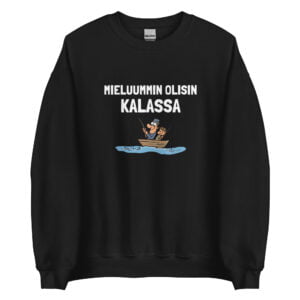 Mieluummin olisin kalassa - Collegepaita / Musta