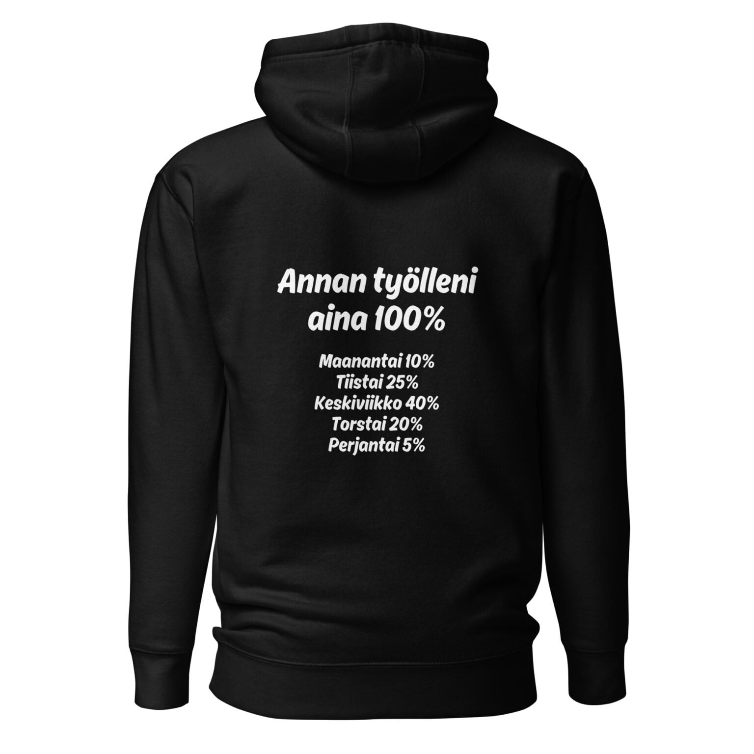 Annan työlleni aina 100% - Huppari / Painatus takana / Musta